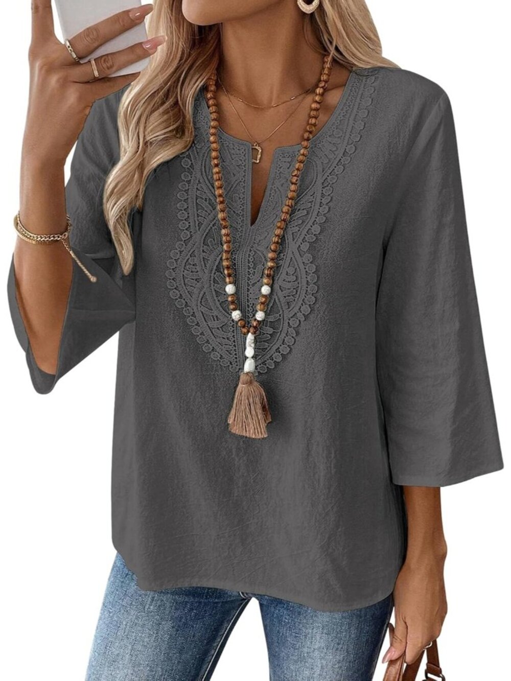 Women's Dark Gray V Neck Pull On Loose Fit Blouses Sleeve Top Cotton Linen Shirt